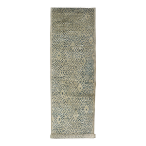 Modern Gallery Long Runner With Tribal Moroccan Design in Yellow Green & Blue 3'10 X 16