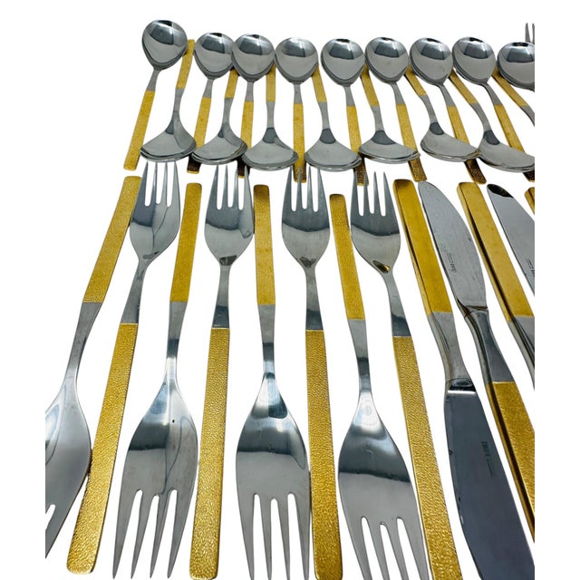 Metal MCM Harvest Gold Flatware, 65pc Solair West Germany Service for 8, Textured Gold Retro Silverware, Forged Stainless Steel, Rare Hosting Set For Sale - Image 7 of 12