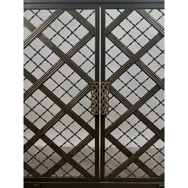 Gemstone Art Deco Style Black & Bronzed Metal Two-Door & Diamond Design Fireplace Screen For Sale - Image 7 of 16