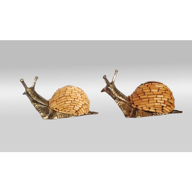 Wood Rare Italian Sculpture Snail Pair Solid Brass & African Bamboo Beads 1970s - Signed Tarzia Firenze Italy For Sale - Image 7 of 13
