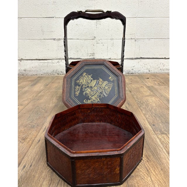 Brown Vintage Chinese Tiered Wicker Wedding Basket Betrothal Basket For Sale - Image 8 of 13