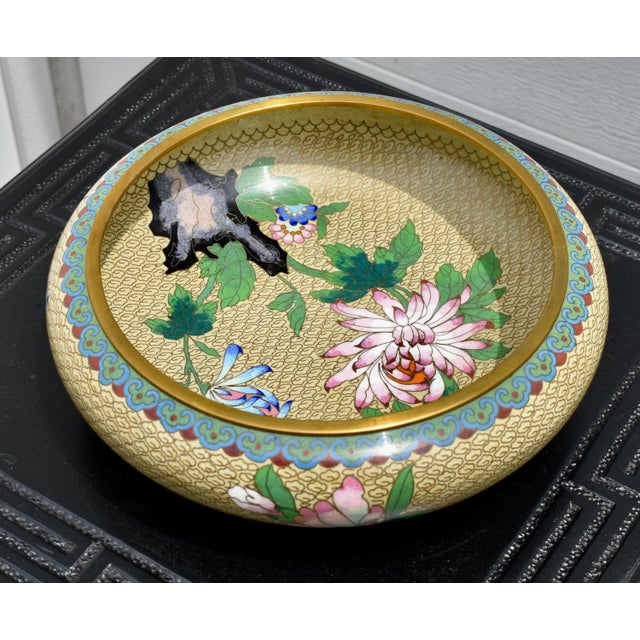 Vintage Chinese Cloisonne Enamel Bowl Bird Chrysanthemum Floral Centerpiece 8" For Sale - Image 10 of 12
