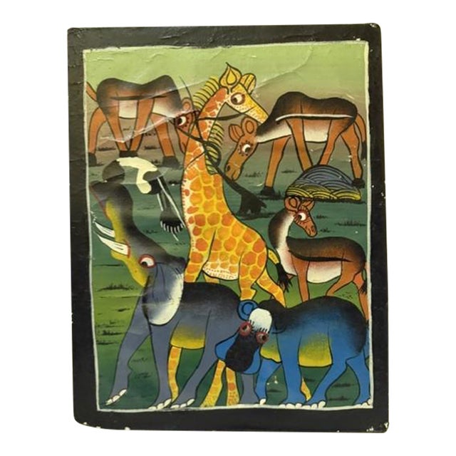 Vintage 1970s/1980s Tanzanian Tingatinga School Wildlife Painting – Enamel on Board, 11.5" X 14" For Sale