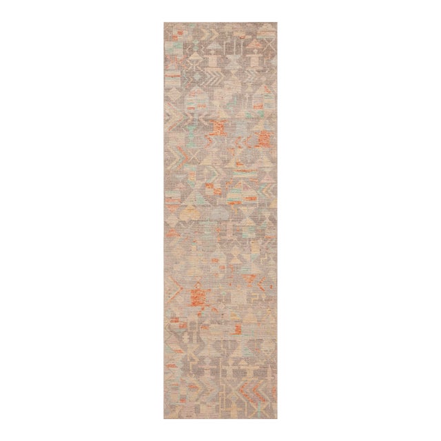 Nazmiyal Collection Grey Pastel Tribal Geometric Modern Runner Rug For Sale