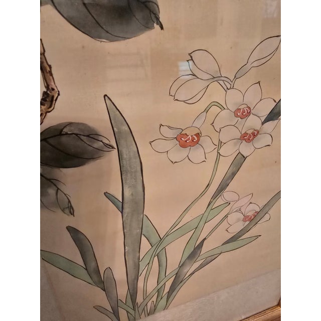 A colorful and exquisite vintage asian watercolor painting fully signed and stamped from the mid century modern era or...