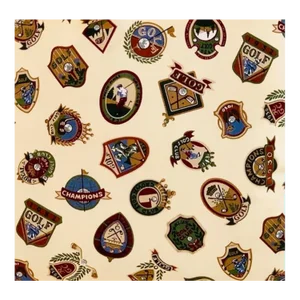 P Kaufmann Printworks Burgundy-Red Blue Brown Green Golf Country Club Crest Medallion Fabric Sample