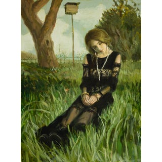 Listening by Nadezda | Oil on Panel Woman sitting in grass with a birdhouse in the background. For Sale