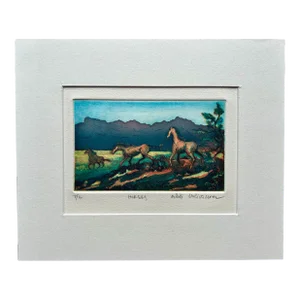 Contemporary Hand Colored Etching of Horses in Field