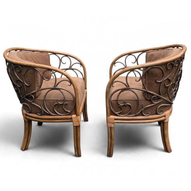 Maitland - Smith Pair of Maitland-Smith Hollywood Regency Wooden Faux-Bamboo Tub Chairs With Wrought-Iron Scrollwork, Philippines For Sale - Image 4 of 14