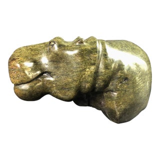 Mid 20th Century Carved Green Marble Hippo Sculpture For Sale