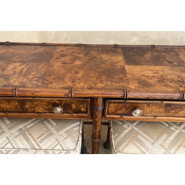 1970s Hekman Burl Wood, Faux Bamboo Console With Nesting Stools & Brass Accents For Sale - Image 5 of 14