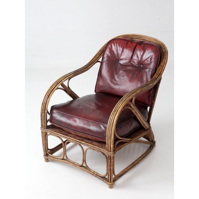 American Antique Rattan Lounge Chair With Oxblood Cushions For Sale - Image 3 of 18