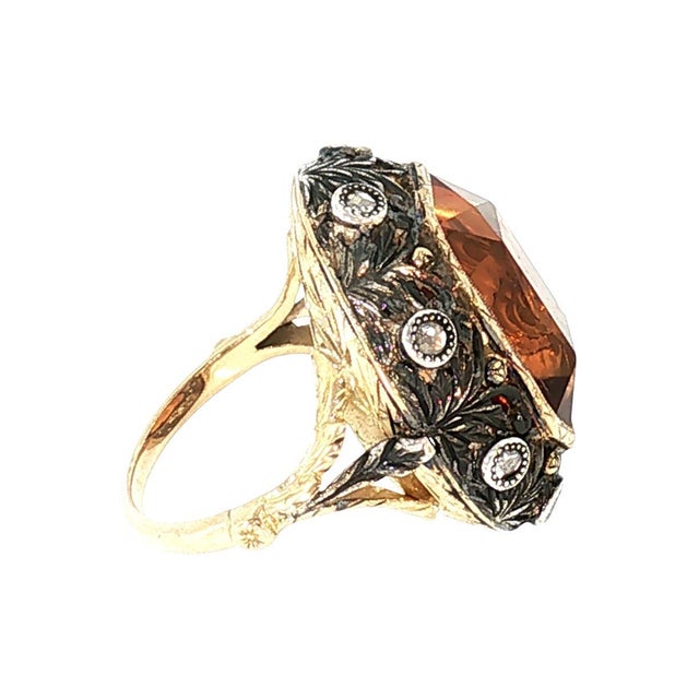 Early 20th-Century Silver Over 16 Karat Gold Citrine and Diamond Ring For Sale - Image 4 of 5