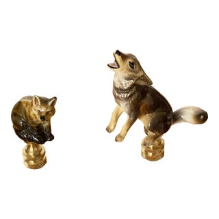 1970s Cute Pair of Wild Animals Racoon & Wolf Figurines Lamp Finials For Sale