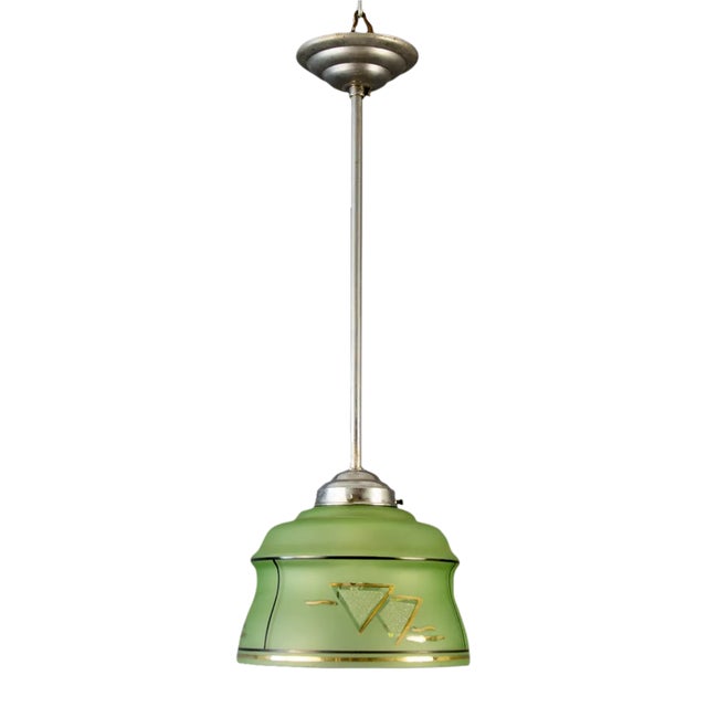 Art Deco French Green Glass Ceiling Lamp, 1930s For Sale