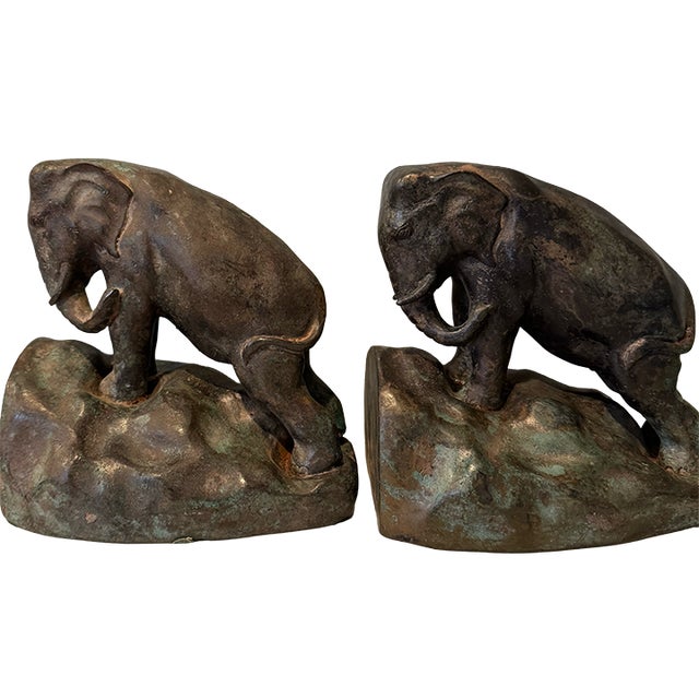 Another rare item! Fabulous sculptural pair of vintage elephant bookends, cast in bronze, and sourced from Thailand. Each...