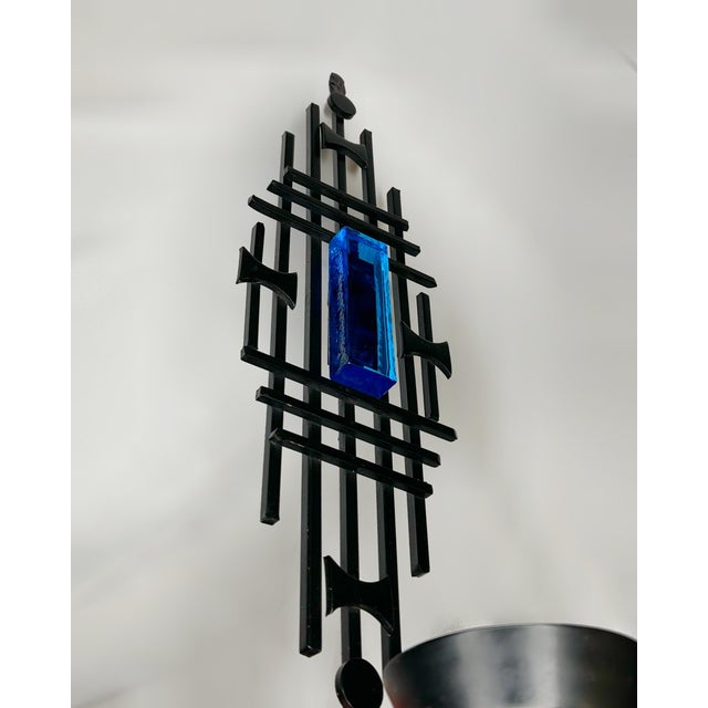 Mid-Century Modern Large Brutalist Danish Wall Candleholder in Wrought Iron and Blue Glass from Dantoft, 1960s For Sale - Image 3 of 6