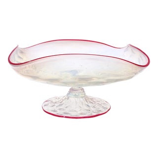 Venetian Older Murano Diamond Quilted Surface White Opal Dark Pink Red Rim Italian Art Glass Footed Bowl For Sale