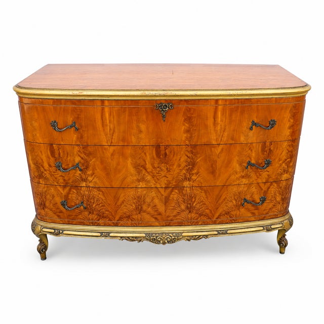 French 1930s French Burl Wood Bow-Front Dresser With Gilt Carved Base For Sale - Image 3 of 9