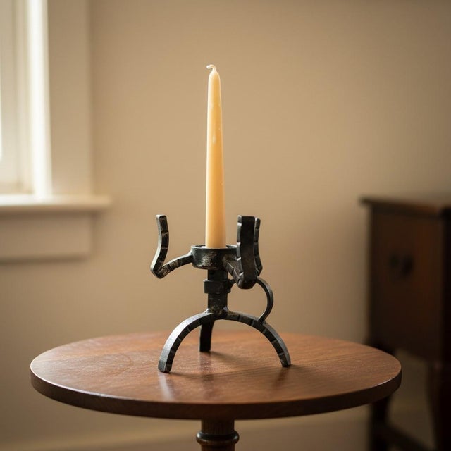 Vintage Brutalist Wrought Iron Candlestick Holder-Hand Forged-Tripod-MCM-Gothic For Sale - Image 6 of 9