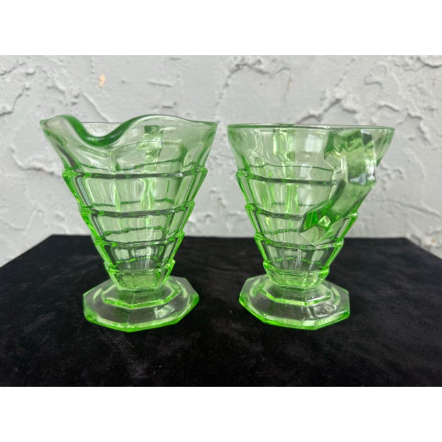 1930s Art Deco Indiana Glass Uranium Green Creamer & Sugar Set With Caddy – Depression Glass - 3pcs For Sale - Image 10 of 11
