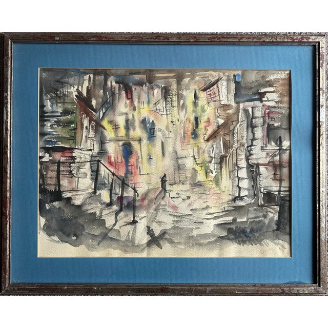 Original abstract watercolor of a street scene circa 1960. Was taken out of frame for some photos. Signature and watermark...