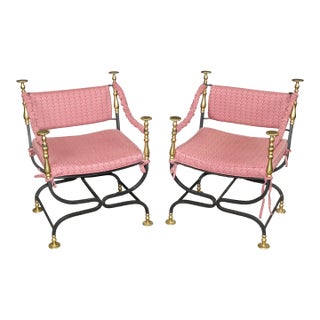 Pair of Italian Made Brass and Steel Savonarola Armchairs C. 1940 For Sale