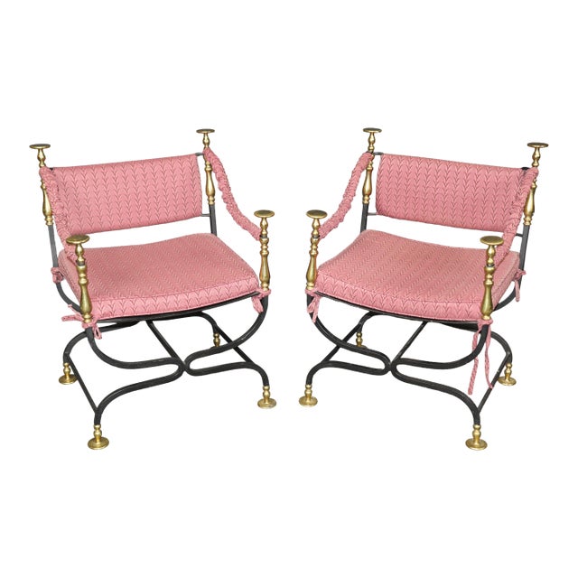 Pair of Italian Made Brass and Steel Savonarola Armchairs C. 1940 For Sale