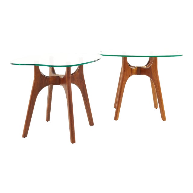 Adrian Pearsall Style Mid Century Walnut and Glass Stingray End Tables - Pair For Sale