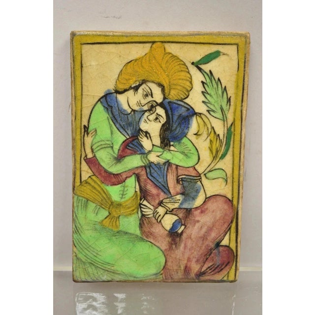 Antique Persian Iznik Qajar Style Green Ceramic Pottery Tile Loving Couple C5 For Sale - Image 9 of 9