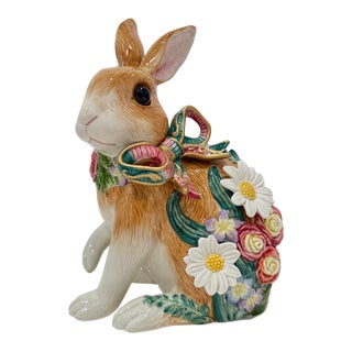 Fitz & Floyd Classic Woodland Spring Majolica Bunny Rabbit Figurine W/ Bow Flowers 1990s For Sale