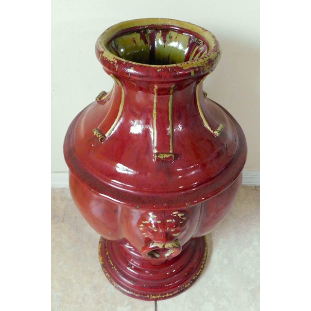 Large 25" Ornate Bombay Red Stoneware Figural Lion Handle Urn Vase For Sale - Image 14 of 17