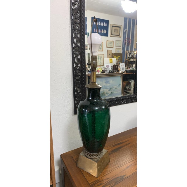 Mid-Century Modern Vintage Green Crackle Glass Table Lamp With Brass Base For Sale - Image 3 of 5