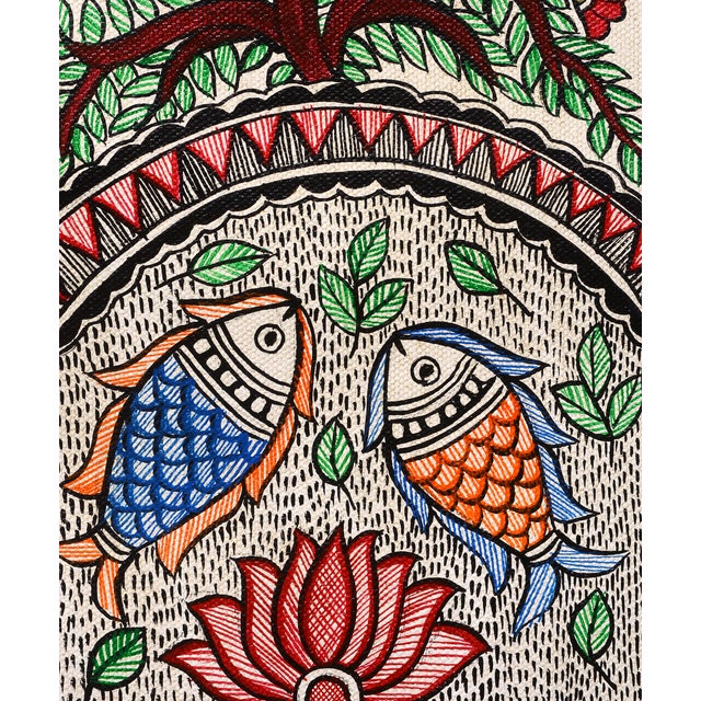 Celebrate the beauty of traditional Indian folk art with this exquisite, hand-painted Madhubani painting by Mamta Devi, an...