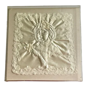 Dimensional Mixed Media Fabric Art Portrait Hand Quilted 1980s Lucite Box Frame