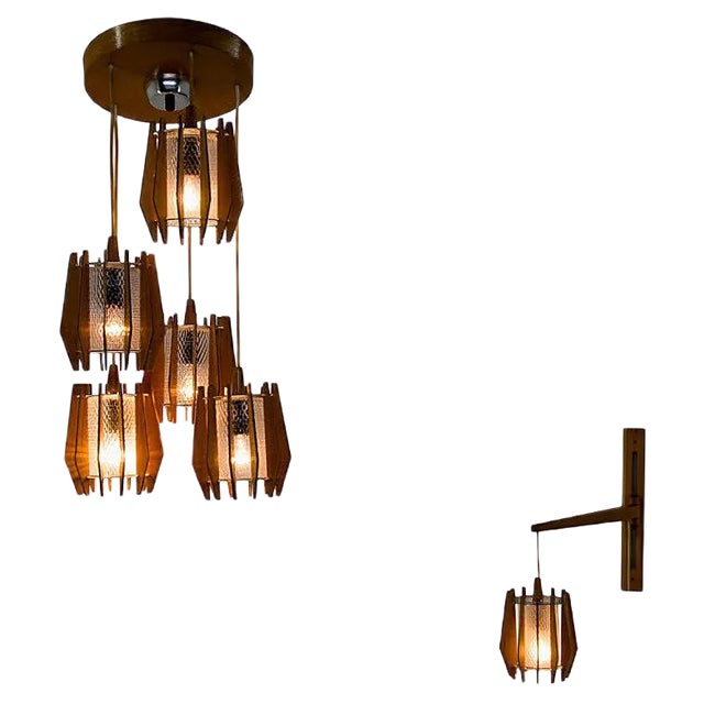 Chandelier and Wall Lamp from Drevo Humpolec, 1970s, Set of 2 For Sale