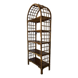 1970's Vintage Coastal Bamboo Rattan Arched Etagere Shelf For Sale