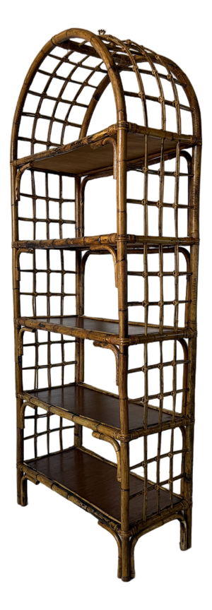 1970's Vintage Coastal Bamboo Rattan Arched Etagere Shelf