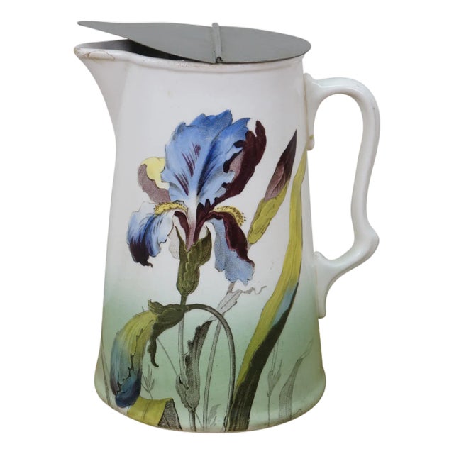 Antique Villeroy & Boch Porcelain Mettlach Metal Lidded Iris Flower Pitcher Jug 7" For Sale