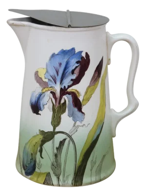 Antique Villeroy & Boch Porcelain Mettlach Metal Lidded Iris Flower Pitcher Jug 7"