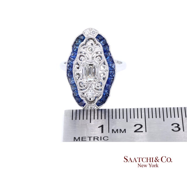 Elegant 18k White Gold Natural Diamond and Blue Sapphire Ring, Size 6.25 For Sale - Image 10 of 10