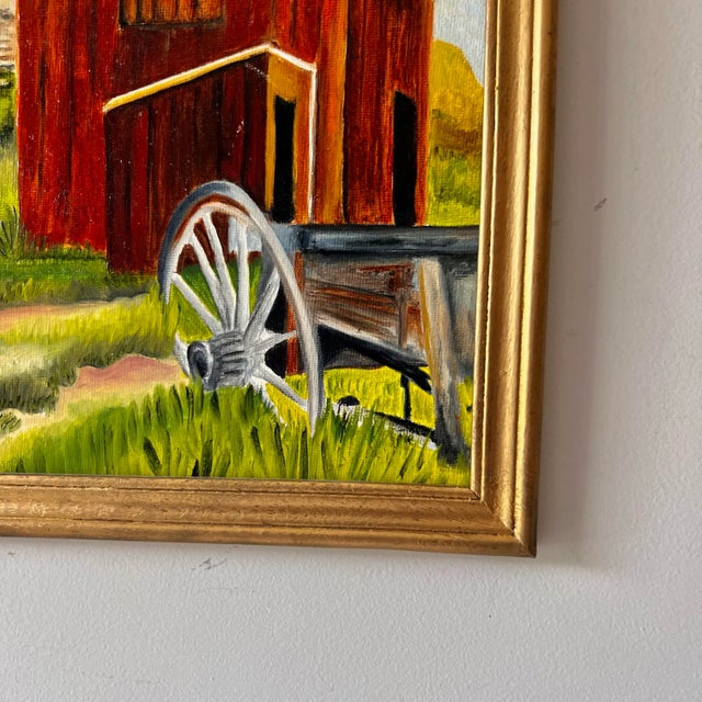 Late 20th Century Vintage Framed Colorful Farm Barn Landscape Painting in Gold Gilt Frame For Sale - Image 4 of 6