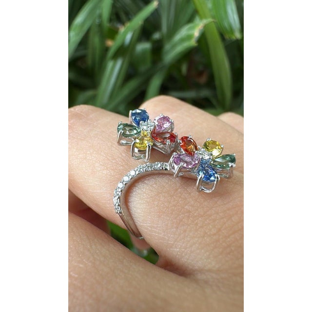 Set in 18k White Gold, Ceylon Multi Sapphires & Diamonds Engagement Ring, Us Size 6.5 For Sale - Image 9 of 11