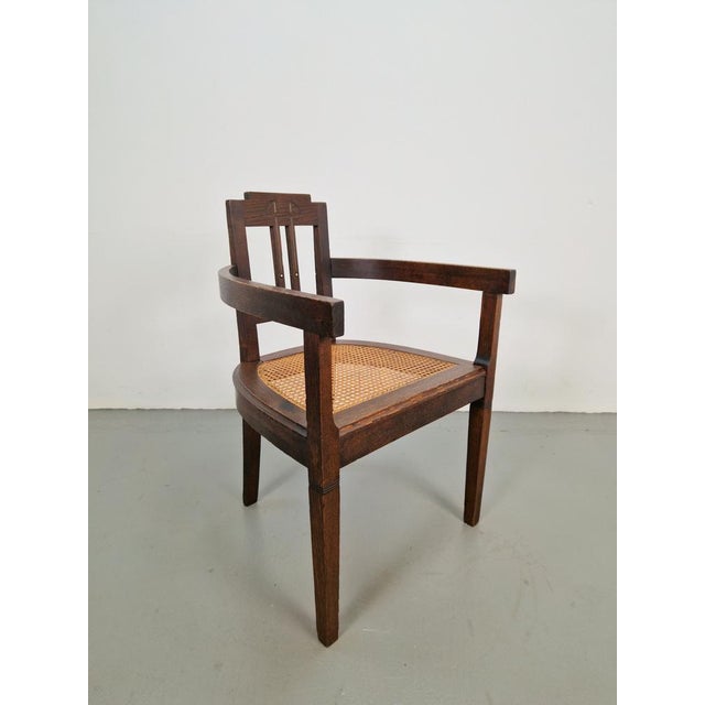 Wood Art Nouveau Deco Armchair in Rattan Webbing, Oak and Copper, 1920s For Sale - Image 7 of 9