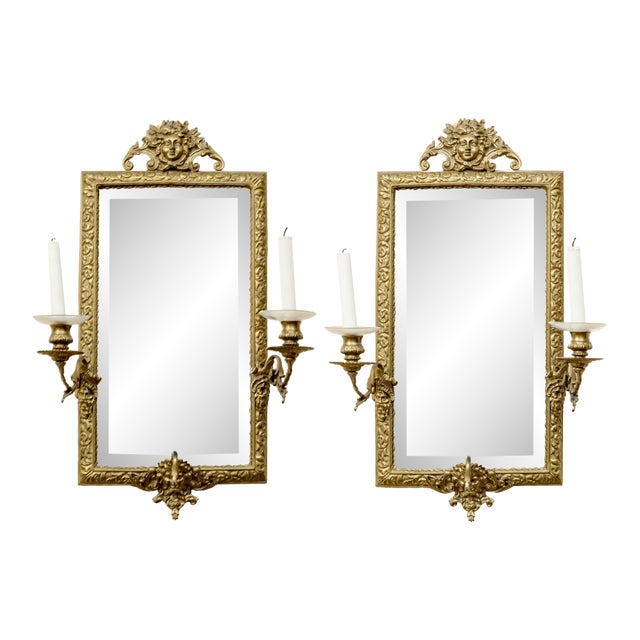 Antique Pair Brass Girandole Mirrors, France For Sale
