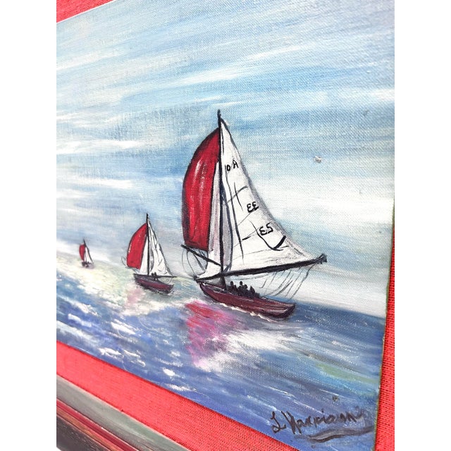 1970s 1970s Nautical Folk Art Sailboat Seascape Painting – Framed Coastal Wall Art For Sale - Image 5 of 9