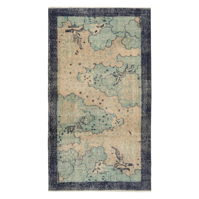 1960s Hand-Knotted Vintage Distressed Deco Rug in Blue, Cream Floral Pattern For Sale In New York - Image 6 of 6