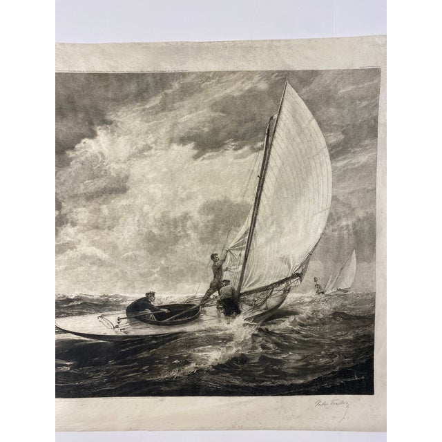 Nautical Antique Nautical Seascape Circa 1919 Maritime Engraving Print, Sailboats in Rough Seas For Sale - Image 3 of 10