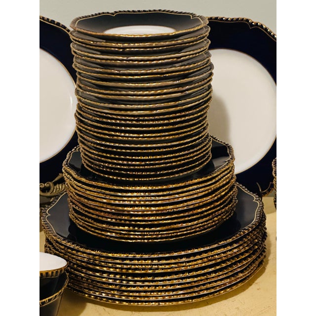 English 72 Pieces Royal Worcester English Porcelain Dinnerware Navy Blue & Gold Encrusted Set for 12 People For Sale - Image 3 of 12