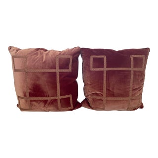 Pair of Clarence House Terracotta Silk Velvet 18" Down Cushions Greek Key Trim For Sale